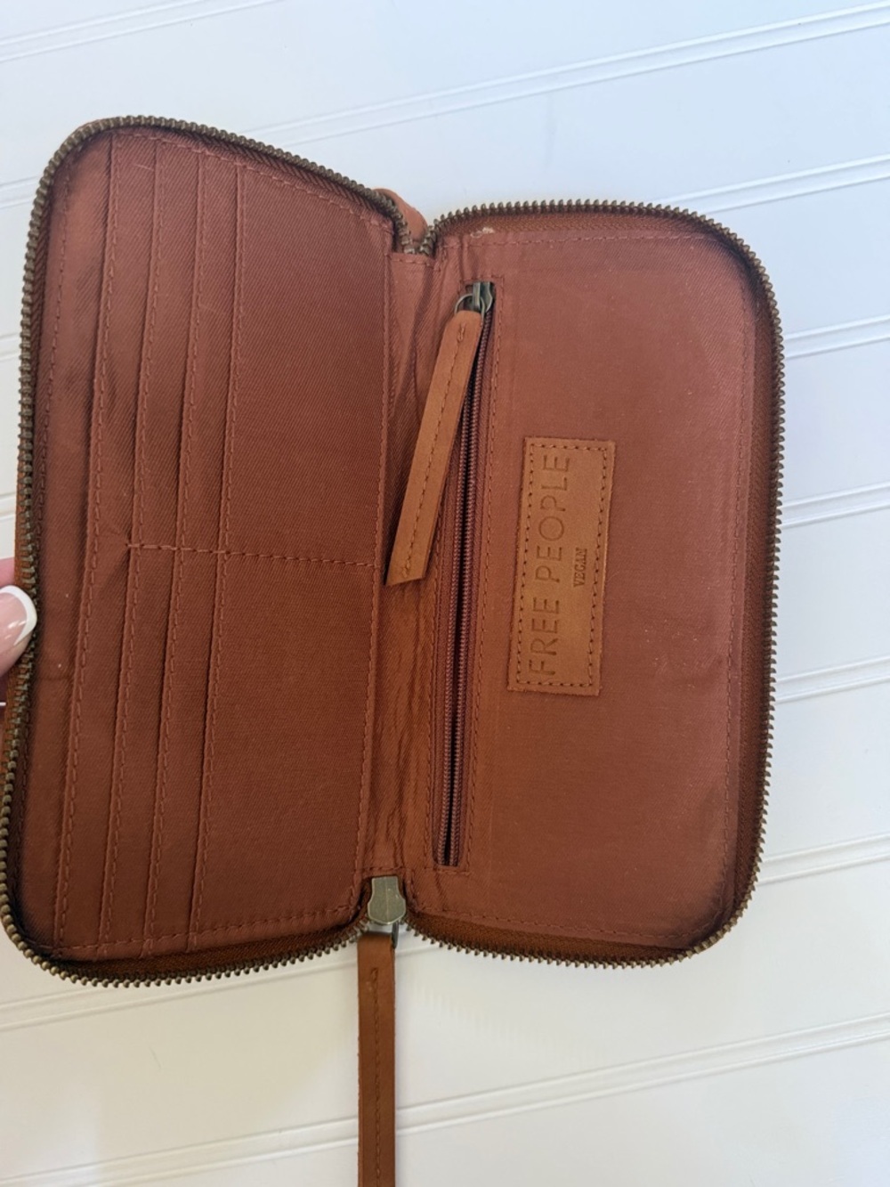 (145)Free People Cognac Tan Wristlet Clutch with Diagonal Zip Detail - Picture 3 of 8